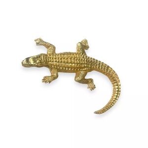 Vintage Textured Alligator Crocodile Lizard Gold Toned Metal Brooch Pin Retro